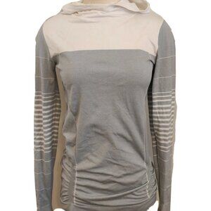 Athleta Women's Pullover Hoodie Sweatshirt White Gray Striped Size L Stretch H2